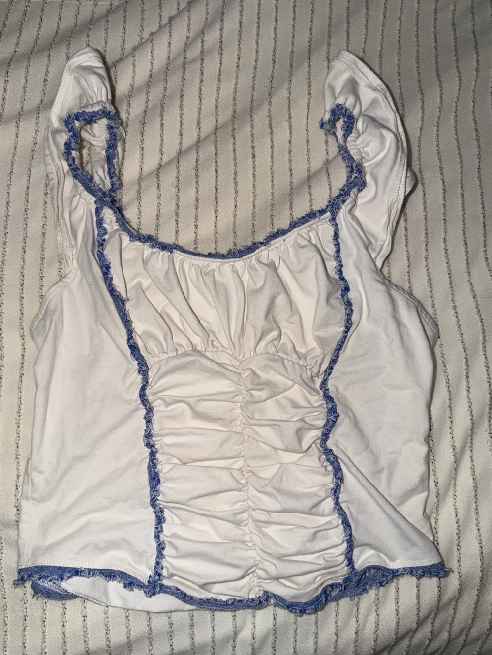 Anthropologie White Ruffled Tank with Denim Blue Trim